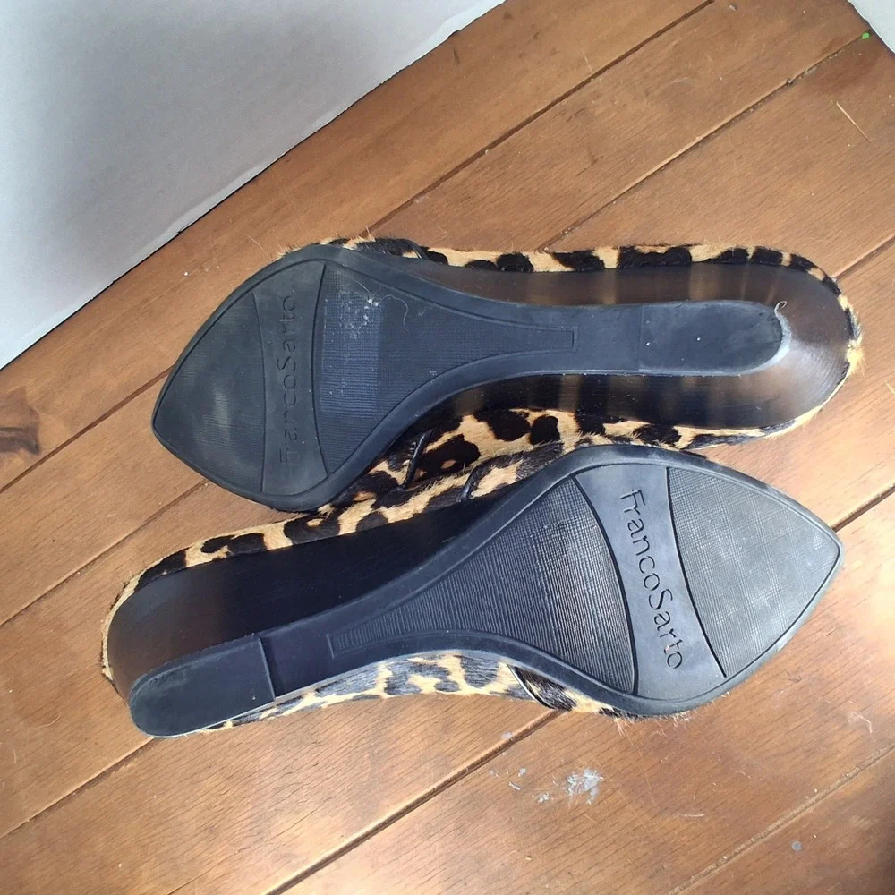 Franco Sarto Frankie2 Wedge Pumps 9.5 Leopard Print Calf Hair Pointed Toe Glam